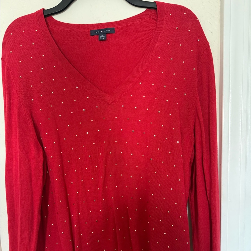 Tommy Hilfiger Women's Red V-Neck Beaded Pullover Sweater Size XL